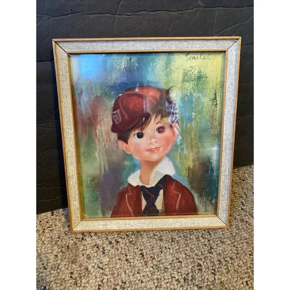 Francoise Soulet “Augustus” 1960’s Framed Print Smiled Wide Eyes Boy With Hat - Picture 7 of 7